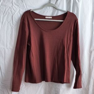 Stylish Ribbed Long Sleeve Top in Rich Brown